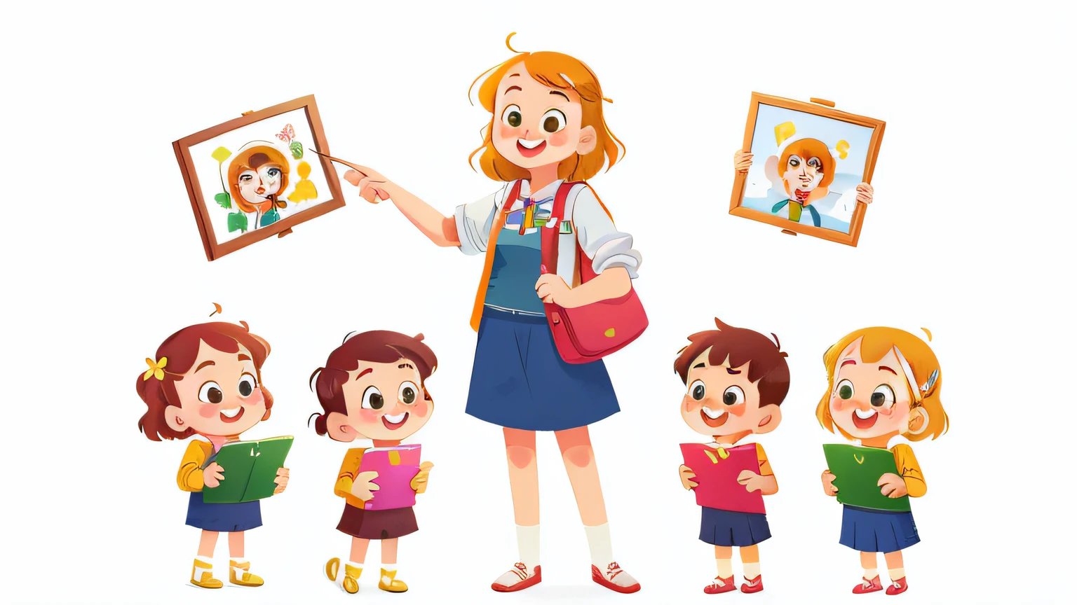 happy smiling Teacher & students is standing holding a beautiful picture frame above her head, full body ((white background))