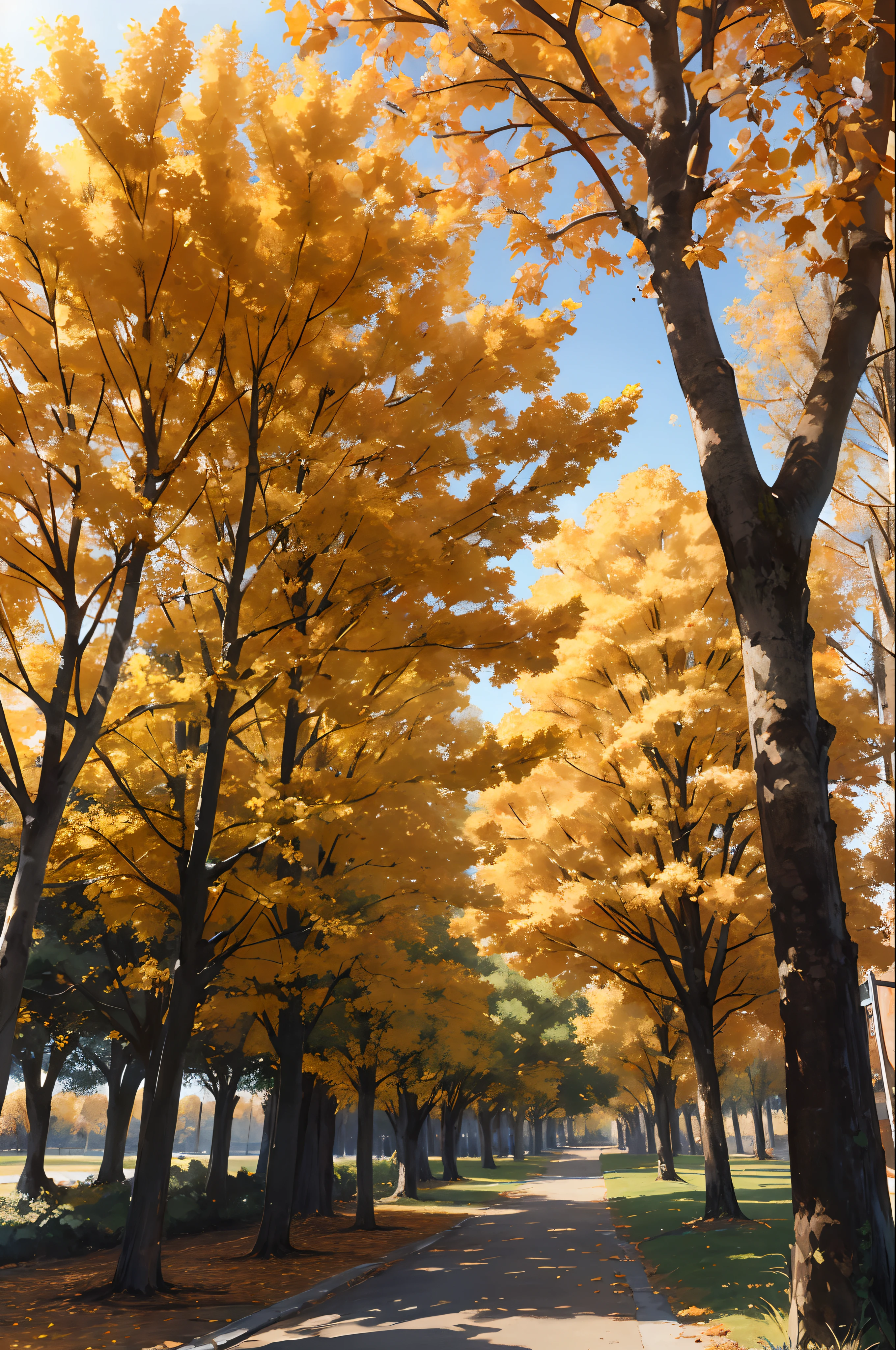 The orange trees give a warm feeling of autumn in the trees.