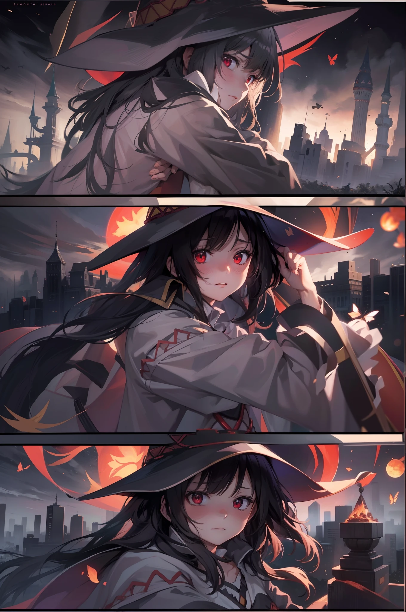 BLEACH2D, masterpiece, best quality, highly detailed, 1girl, alone, cowboy photo, a girl with black hair, long sleeves, blushing, outdoors, red eyes, Megumin, black butterflies, scary environment, moonlit night, shades of gray, intense look, sad expression, short hair, Cute, Megumin, witch hat, Red Wizard Cape,