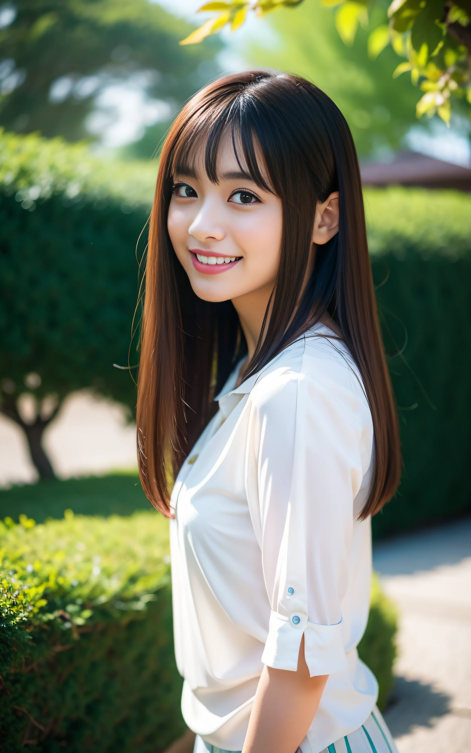 masutepiece, Best Quality, 8K, 22 yo, Raw photo, Smile, Solo, medium breasts, Cute, Girly, Goddess, Delicate girl, Neat and clean beauty, Upper body, Digital SLR, Looking away, Candid, Sophisticated, Professional Lighting, Film grain, (Eyes and faces with detailed:1.0), Straight, sway in the wind Medium length straight hair, Bangs, Silk blouse, Skirt, (Bokeh:1.1)