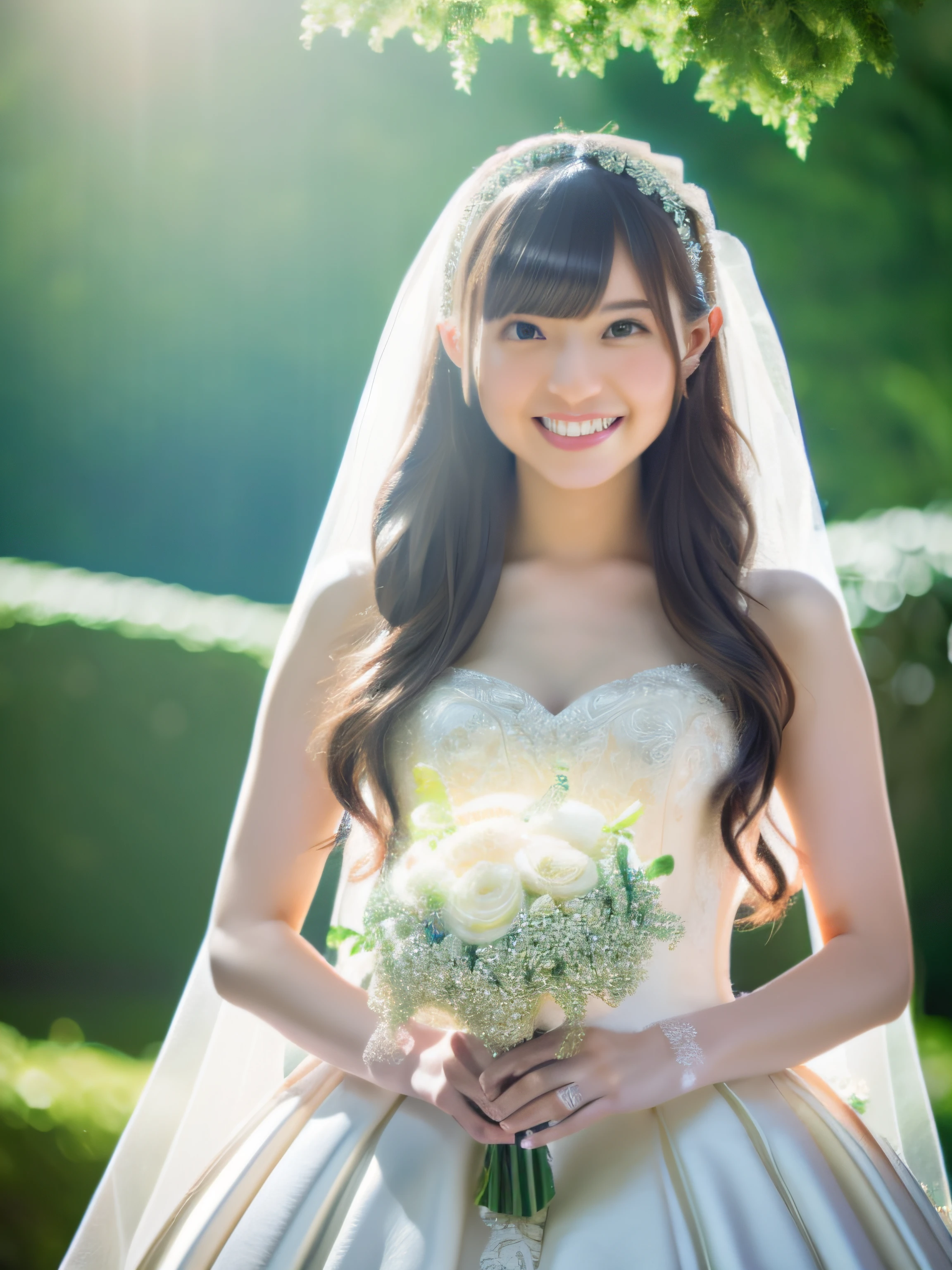 (Best Quality, masutepiece:1.2), (Realistic:1.3),, (hyper detailed background, Detailed background), Bokeh,, , gorgeous prom dresses, Luxury Prom Dresses, wedding dress, Bridal Veil, bridal gauntlets, Bridal Cascade Bouquet,, Upper body,, Wedding in the church,, , 1girl in, Cute, age, Posing, Smiling,, Dynamic Angle, Dynamic Pose,, , Very long hair