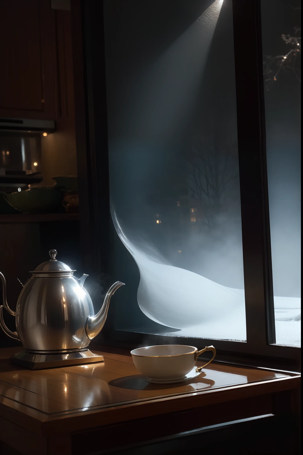 imagine uma natureza-morta que celebra a simplicidade e a serenidade do inverno. Em um fundo de neve pura e intocada, posicione uma chaleira de ferro fundido de estilo vintage, that exudes heat while water boils. Next to the kettle, Put a cup of fine porcelain tea, com vapor subindo lentamente, and an elegant teapot containing high-quality loose tea leaves. A luz suave, filtering through a frosty window, creates a magical aura around the scene. The tranquility and contemplation of winter are present in every detail