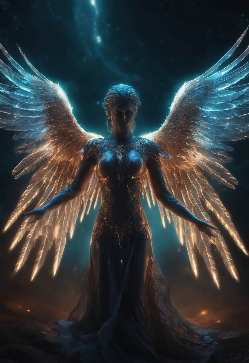 Cosmic Fallen Angel, glowing light eyes, Biomechanical, eerie, Creepy, nightmarish, Very bright colors, Light particles, with light glowing, Mshiff, wallpaper art, UHD wallpaper