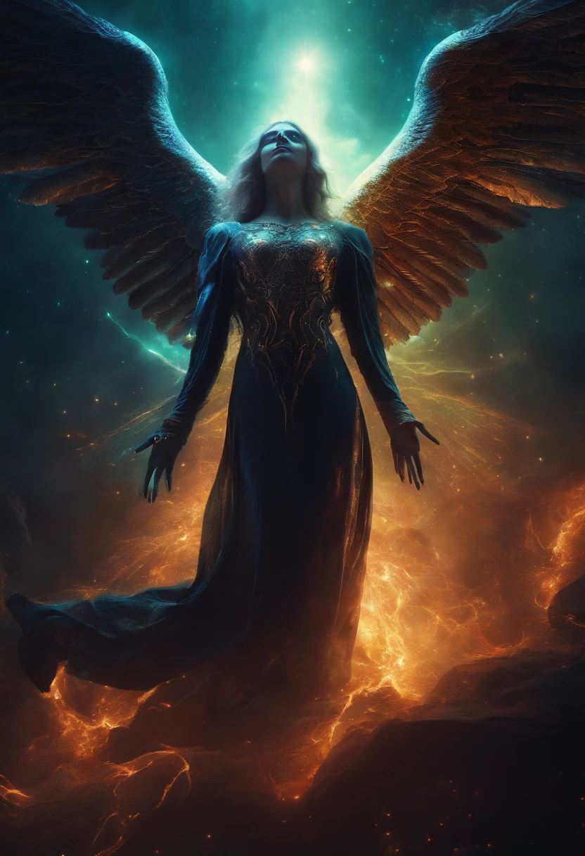 Cosmic Fallen Angel, glowing light eyes, Biomechanical, eerie, Creepy, nightmarish, Very bright colors, Light particles, with light glowing, Mshiff, wallpaper art, UHD wallpaper
