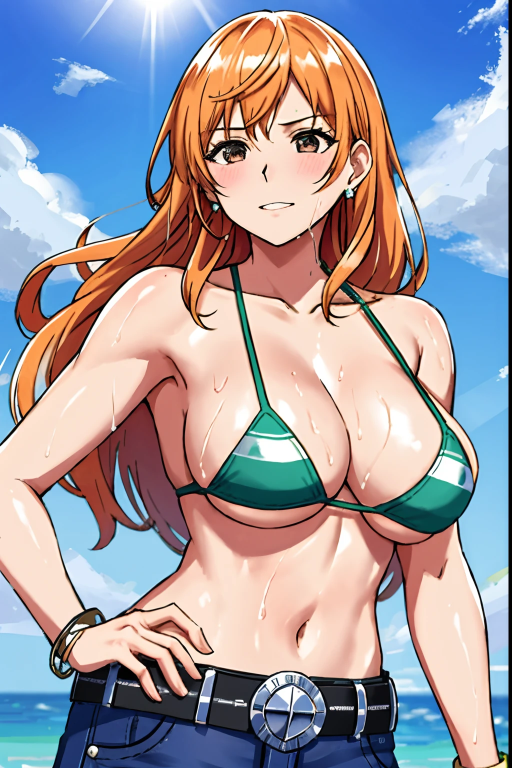 detailed background, masterpiece, 4k, epic, best quality, late youth, adult, wrestler body, strong, 1girl, active, energic, (large mouth) , solo, nami \(one piece\), 1girl, bangle, (very wet, drenched in sweat, sweat all over body, very wet hair, tired, open mouth, exhausted, shouting, sweaty face, sweaty body, sweating too much, shiny sweat, leaning, hands on hips, serious, glaring, open eyes, perfect detailed face, round face, sweat on face) bold drawing lines, muscular arms, detailed bold arm lines, flat jaw, adult woman, wavy wide streaked bangs, floating bang, (big cheeks), bare shoulders, off-shoulders, belt, bikini, bikini top only, blue sky, bracelet, springy breasts, breast lines, big round eyes, very big brown shiny eyes, bubbles, high eye position, cleavage, cloud, day, denim, earrings, floating hair, shiny hair, green belt, green bikini, bold groin lines, jewelry, medium breasts, log pose, long hair, looking at viewer, navel, wet hair, orange hair, pants, shoulder tattoo, sidelocks, sky, solo, standing, stomach, swimsuit, tattoo , looking at viewer, open mouth, detailed left arm, hourglass figure, small head, toned body, wide hair, wind effect, sun effect, narrow small ears angle, older, random poses,