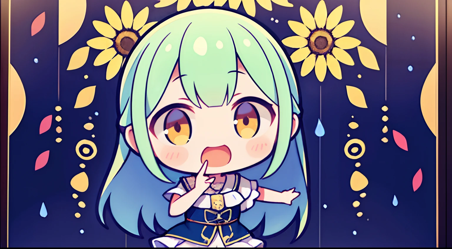 Girl standing in front of the painting、laugh face、Water droplets on the cheeks、Dance Practice、bustup、Eye Up、Flowing iridescent silk、Sunflower petals