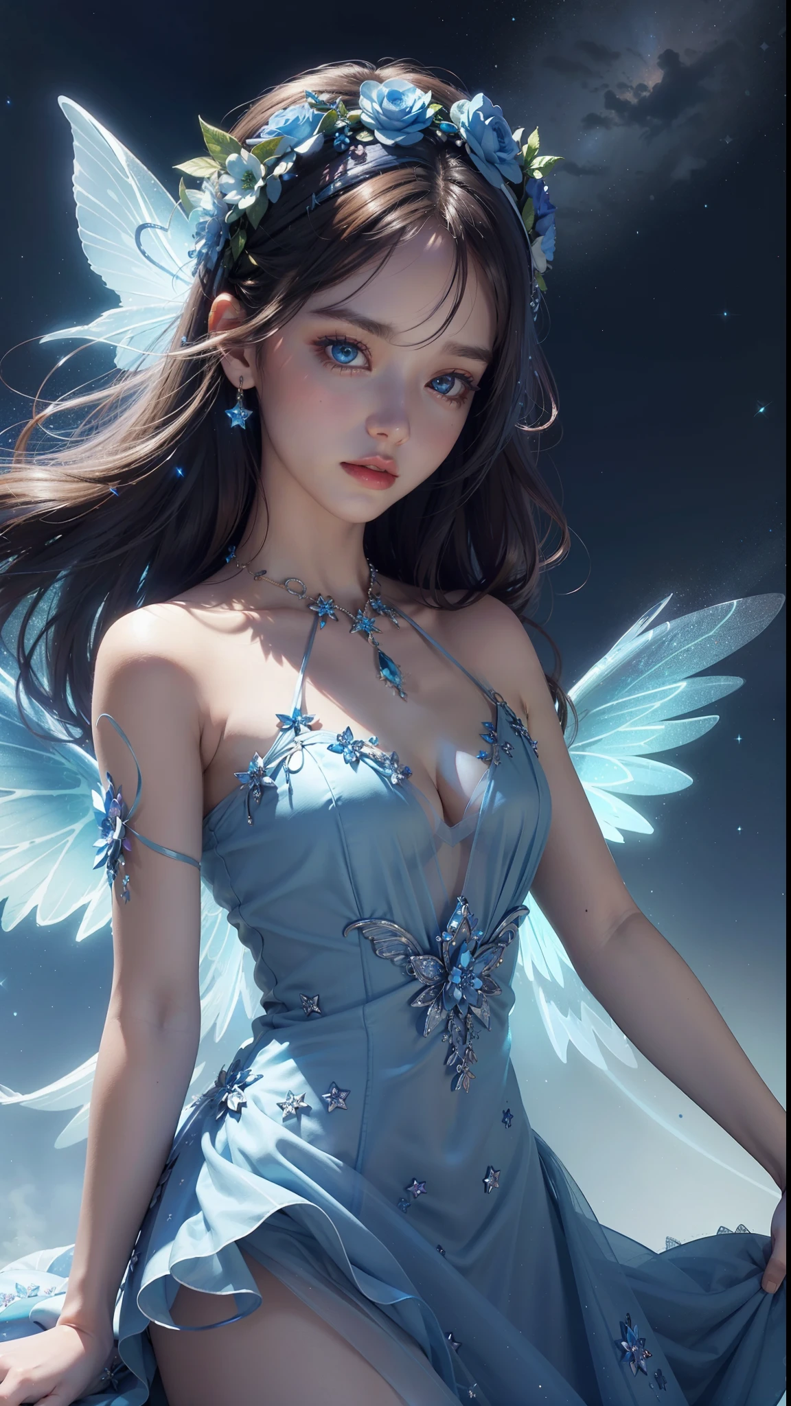 4k ultra hd, masterpiece, a girl, good face, detailed eyes, detailed lips, flower fairy girl, transparent blue wings, neon lights, magnificent background, blue dress, flower crown, starry sky background, divine light, attractive pose,