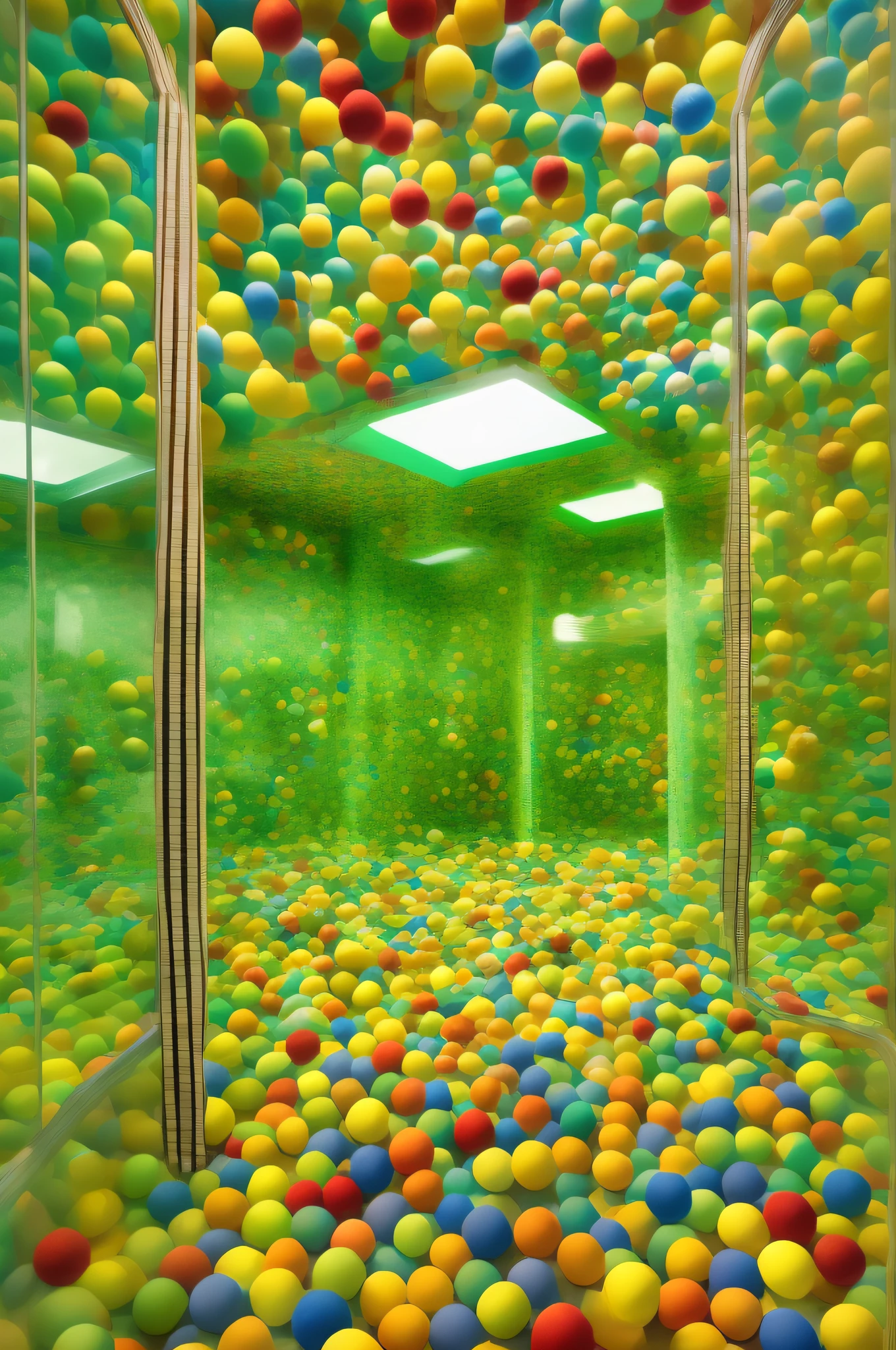 Alafed Room with lots of balls and windows, indoor liminal space, In the ball pit, Inspired by Leandro Erlich, underground room, A room like a puzzle, claustrophobic room, taken with a pentax k1000, installation, Art installations, installation art, View from bottom to top