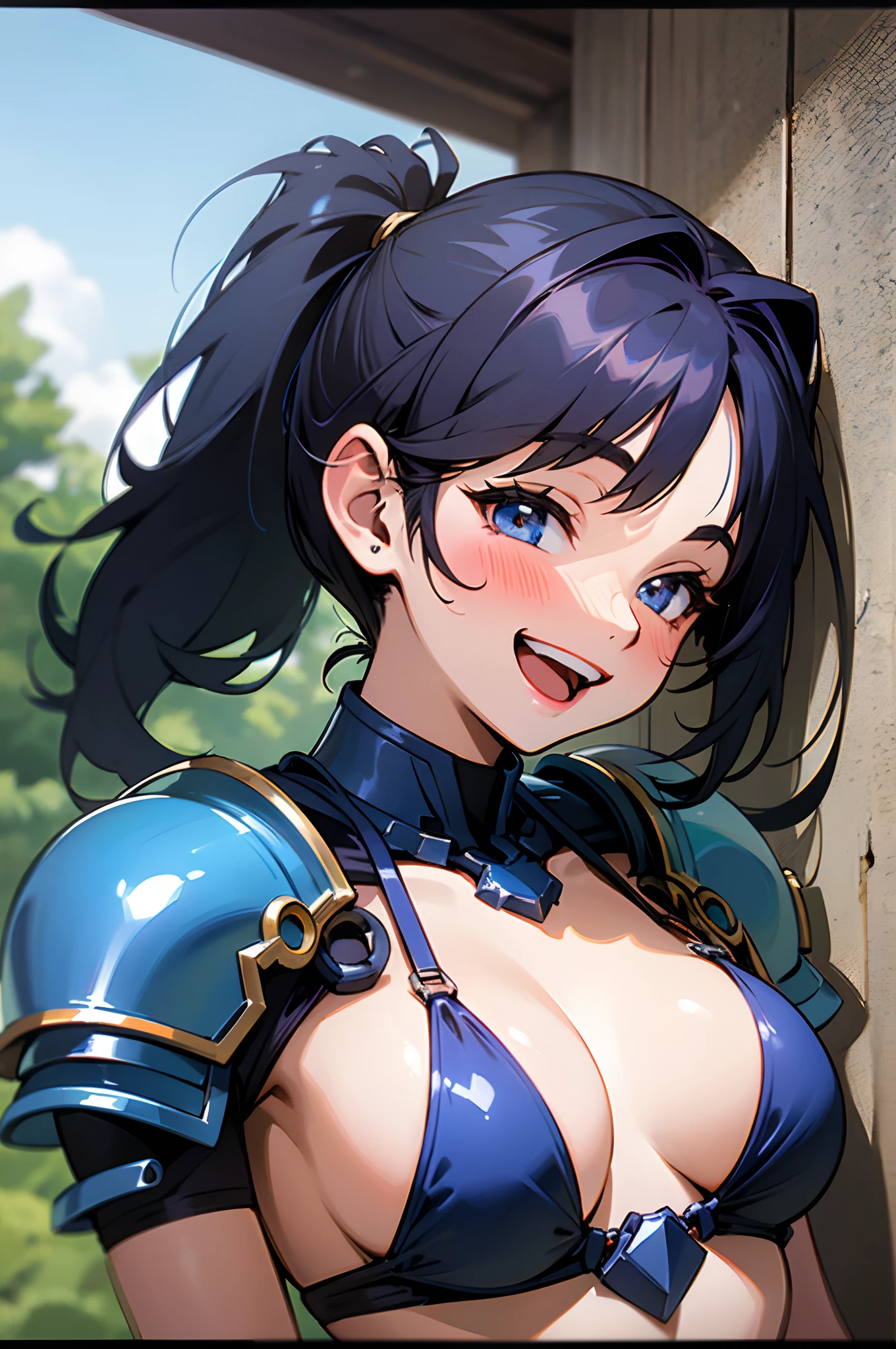 (Best Quality,High resolution:1.2), 18-year-old girl, Dark blue-black hair, Side Ponytail, Smiling, Laughing together, Lightweight blue bikini armor, Blue Gloves, relaxed poses, Natural lighting.