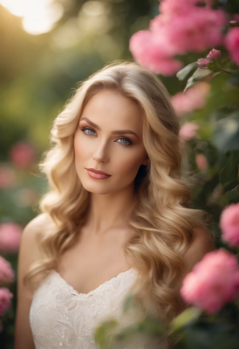 A close-up portrait of a stunning woman with extra long wavy blonde hair, her eyes captivating with a subtle smoky eyeshadow and intense gaze. She is in a lush garden, surrounded by vibrant flowers, and soft sunlight illuminates her features. The atmosphere is serene and dreamy, invoking a sense of natural beauty and allure. A high-resolution, realistic photographic style using a prime lens (50mm) to capture fine details,