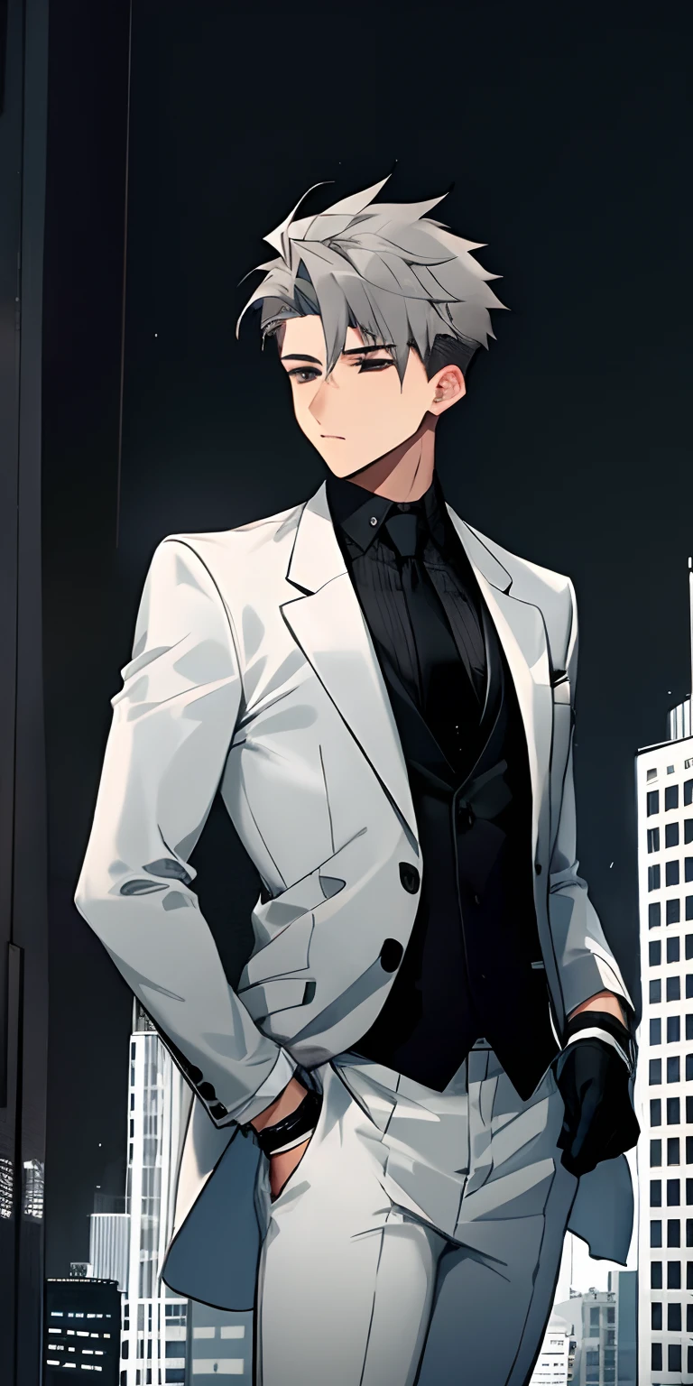 1male, adult black eyes, short grey hair, white suit and tie, black gloves, city , modern undercut hair , messy hair ,