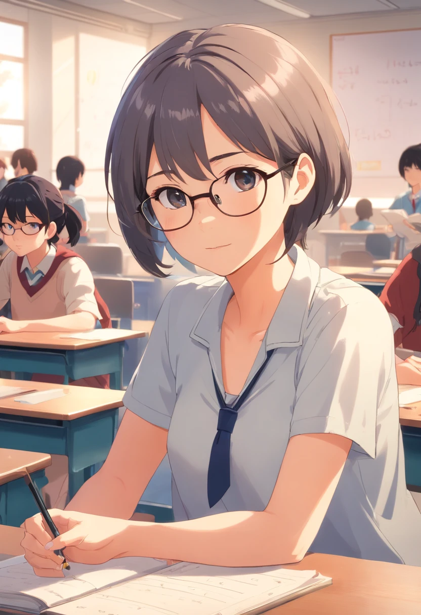 In the classroom,The teacher is lecturing the students,Gray-haired old teacher,Asian people,wears glasses,closeup cleavage,sharp focus on eyes,8K,super-fine,oil painted,Hyper-realistic,best qualtiy