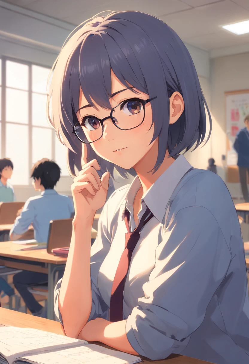 In the classroom,The teacher is lecturing the students,Gray-haired old teacher,Asian people,wears glasses,closeup cleavage,sharp focus on eyes,8K,super-fine,oil painted,Hyper-realistic,best qualtiy