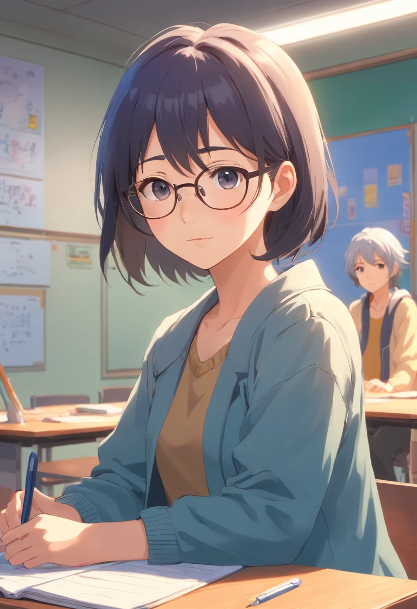 In the classroom,The teacher is lecturing the students,Gray-haired old teacher,Asian people,wears glasses,closeup cleavage,sharp focus on eyes,8K,super-fine,oil painted,Hyper-realistic,best qualtiy
