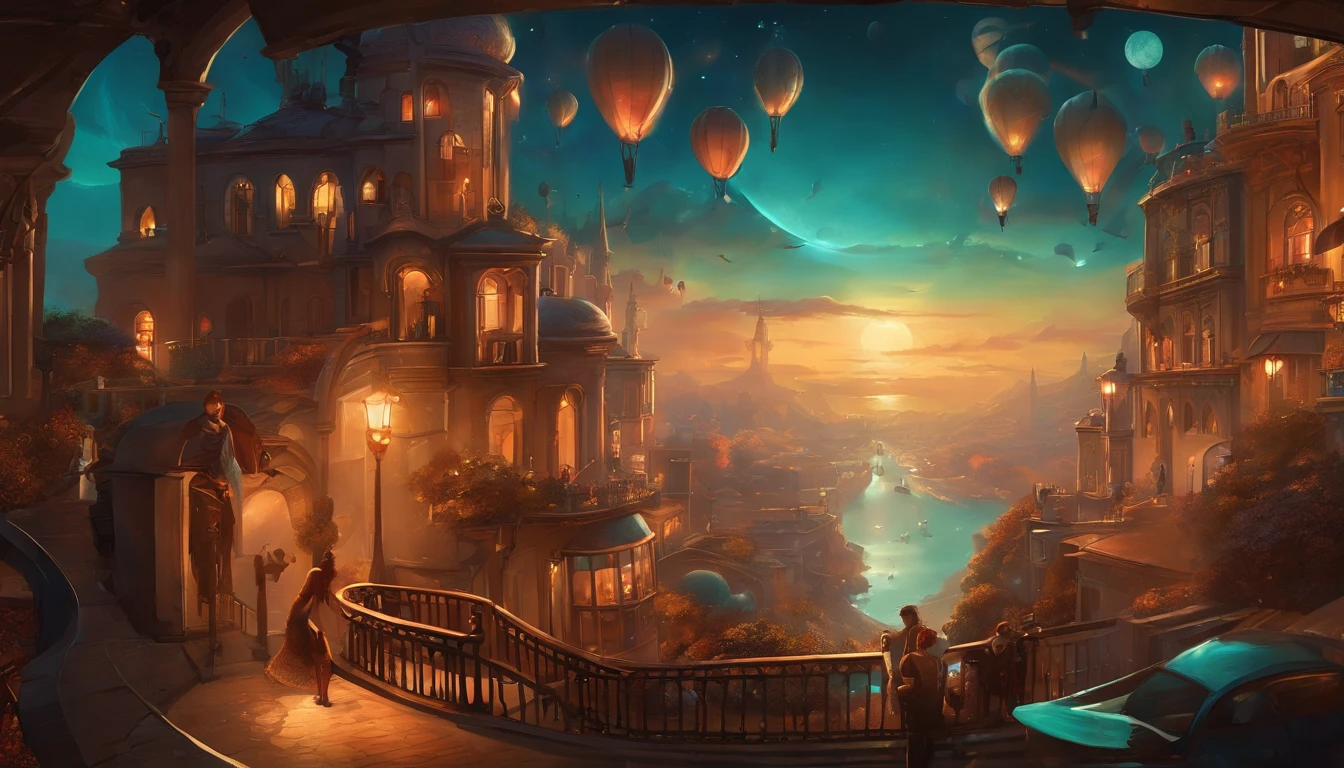 kosmos、stardust、Steampunk City, busy, Fantasia, in style of cyril rolando, dreamlike surrealism