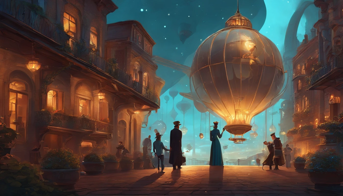 kosmos、stardust、Steampunk City, busy, Fantasia, in style of cyril rolando, dreamlike surrealism
