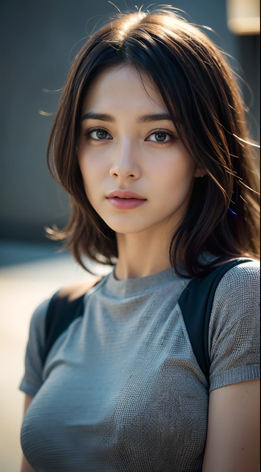 dressed, (photo realistic:1.4), (hyper realistic:1.4), (realistic:1.3), (smoother lighting:1.05), (increase cinematic lighting quality:0.9), 32K, 1girl,20yo girl, realistic lighting, backlighting, light on face, ray trace, (brightening light:1.2), (Increase quality:1.4), (best quality real texture skin:1.4), finely detailed eyes, finely detailed face, finely quality eyes, (tired and sleepy and satisfied:0.0), face closeup, t-shirts, (Increase body line mood:1.1), (Increase skin texture beauty:1.1)