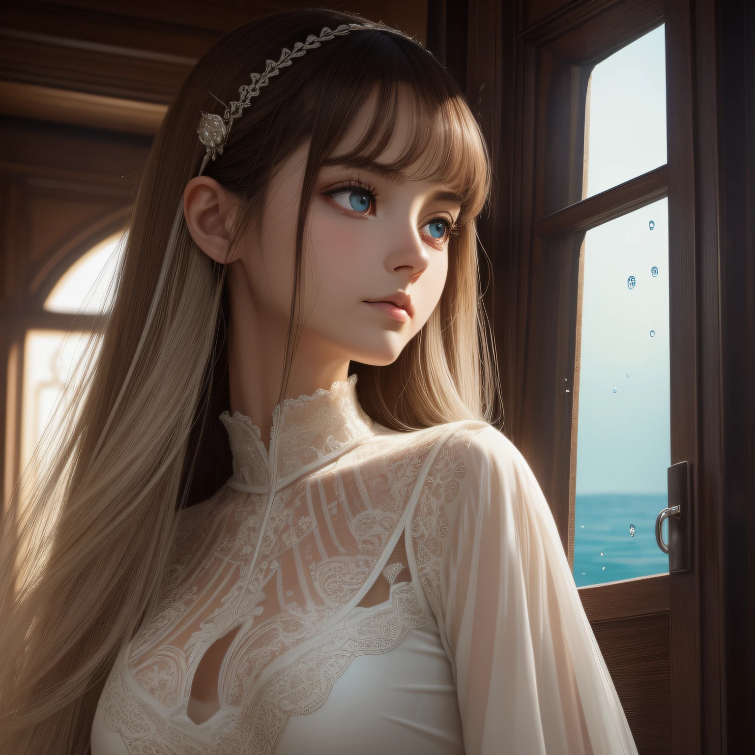 (dark brown eyes)、white  hair、Create images with a sense of depth and three-dimensionality,(1womanl:1.2),onimous, Analog 150mm lens、Beautiful Natural Soft Rim Light、high quality texture, Intricate details, Detailed texture, high detailing, extremely details CG, high quality shadow, realistic representation of face, Detailed beautiful delicate face, Detailed beautiful delicate eyes, brown eye pupil, A perfectly proportioned face, depth of fields, Cinematic Light, Lens Flare, Ray tracing,Perspective,20s, a prominent nose, Tall Girl, (Big eyes:1.2),Blushing cheeks, Perfect body,(Narrow waist:1.3),(Dutch Angle,Good anatomy,Dynamic Pose), Most Beautiful Form of Chaos, Elegant, a brutalist designed, vivd colour, barroco, by james jean, roby dwi antono, by Ross Tran, Francis Bacon, michal mraz, Adrian Ghenny, petra cortright, Gerhard Richter, Takato Yamamoto, Ashley Wood, Atmospheric, Being in the sea,water bubbles、waterface,Simsborg、Surrealism