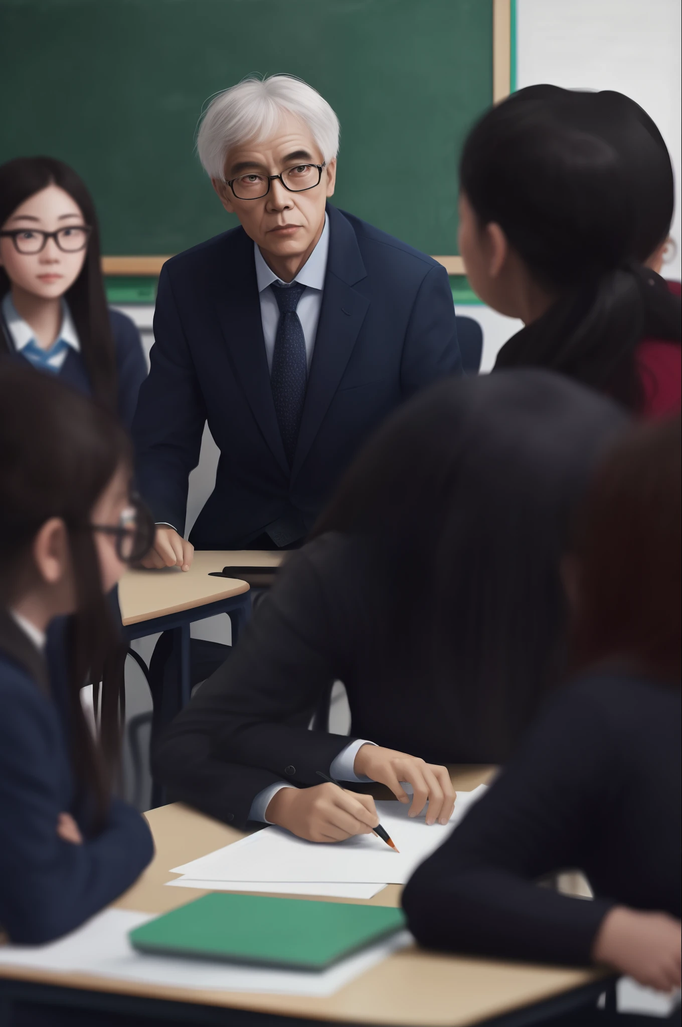 In the classroom，The teacher is lecturing the students，Gray-haired old teacher，Asian people，wears glasses，closeup cleavage，sharp focus on eyes，8K，super-fine，oil painted，Hyper-realistic，best qualtiy