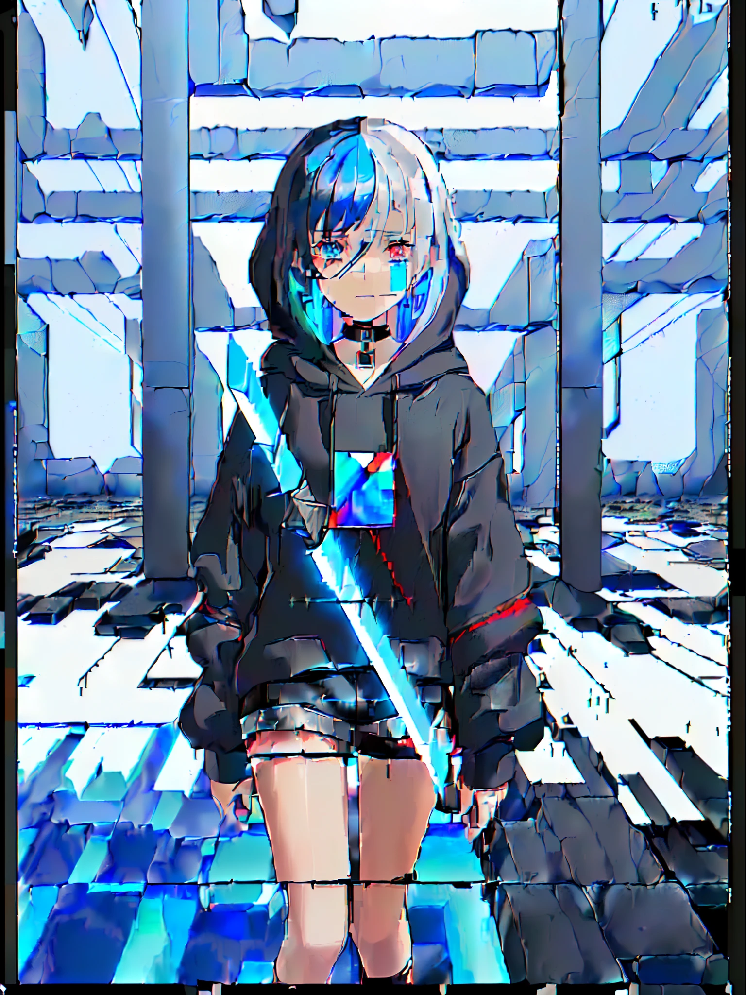(one girls, About 10 years old, Straight in front, Blue hair, Long hair, Futuristic clothes, Black hoodie, Black shorts:1.2), (Heterochromic, Blue Eye, Red Eye:1.4), (widely opened eyes, is crying, Tears from the eyes:1.3), (Broken background, dark backgrounds:1.3), (glitched, glitched:1.5),