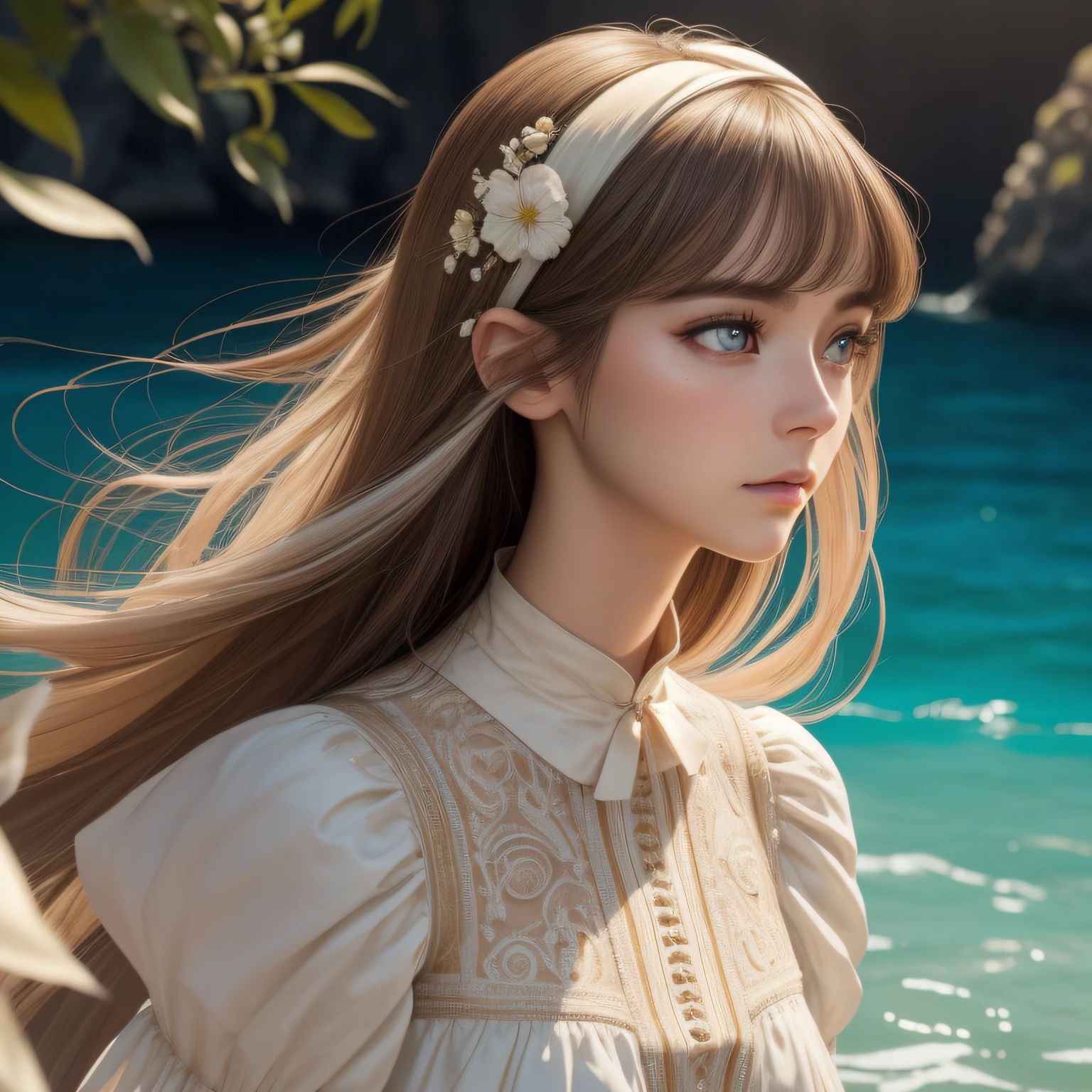 (dark brown eyes)、white hair、Create images with a sense of depth and three-dimensionality,(1womanl:1.2),onimous, Analog 150mm lens、Beautiful Natural Soft Rim Light、high quality texture, Intricate details, Detailed texture, high detailing, extremely details CG, high quality shadow, realistic representation of face, Detailed beautiful delicate face, Detailed beautiful delicate eyes, brown eye pupil, A perfectly proportioned face, depth of fields, Cinematic Light, Lens Flare, Ray tracing,Perspective,20s, a prominent nose, Tall Girl, (Big eyes:1.2),Blushing cheeks, Perfect body,(Narrow waist:1.3),(Dutch Angle,Good anatomy,Dynamic Pose), Most Beautiful Form of Chaos, Elegant, a brutalist designed, vivd colour, barroco, by james jean, roby dwi antono, by Ross Tran, Francis Bacon, michal mraz, Adrian Ghenny, petra cortright, Gerhard Richter, Takato Yamamoto, Ashley Wood, Atmospheric, Being in the sea,water bubbles、waterface,Simsborg、Surrealism