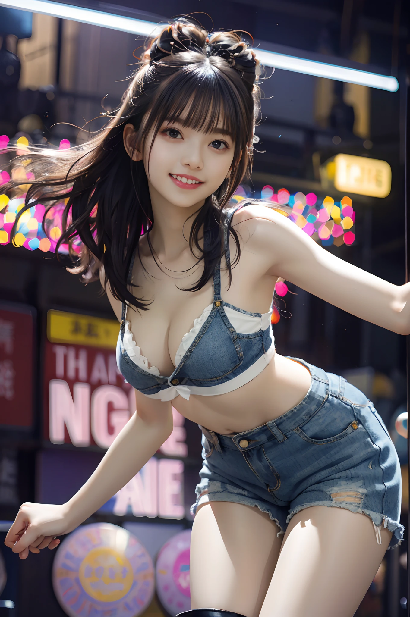 8k, top-quality, (pubic hair beauty)、hight resolution, realisticlying, realperson, Red Light District at Night、There are many signboards、The light on the sign is dazzling、Dancing in different poses on stage、The best smile、Fun and smiling、One young and beautiful girl、Reveal madness、Inviting eyes、Martial Arts Tournaments、Serious Serious Competition、denim short pants、toppless、high-heels