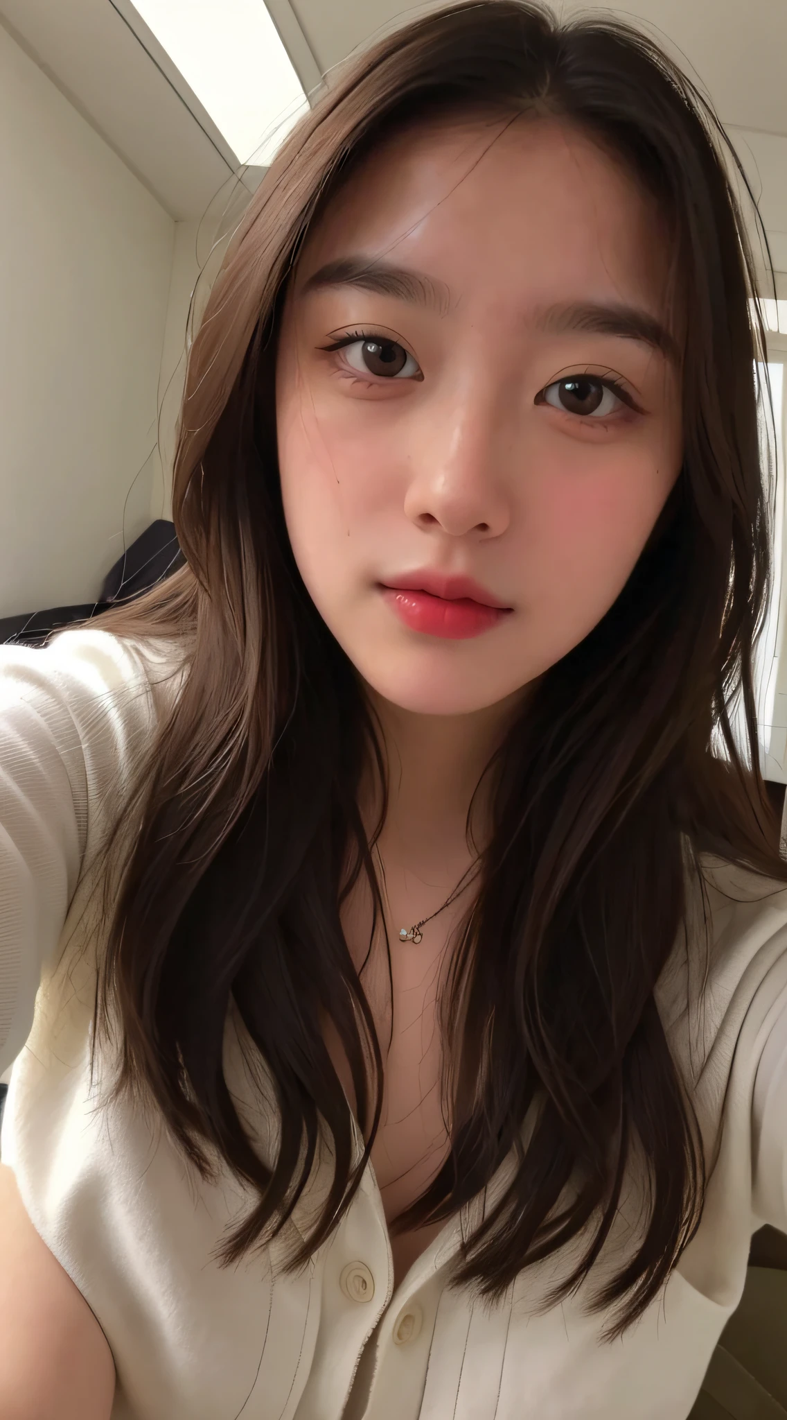 ((Night, Realistic Light, Best Quality, 8K, Masterpiece: 1.3)), 1girl, Slim Beauty: 1.4, Abs: 1.1, (Brown Hair, Big Breasts: 1.3), Translucent White Erotic Underwear: 1.2, Bathroom, Super Fine Face, Detailed Eyes, Double Eye,messy room ,iphone camera, looking at viewer, pov, selfee,