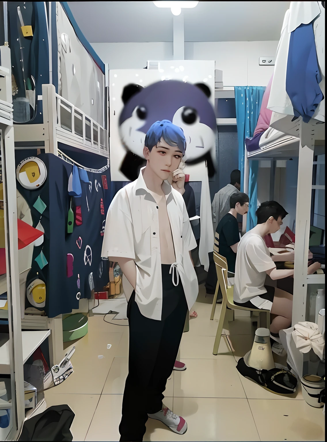 There was a man standing in a room, Cai Xukun, Inspired by Bian Shoumin, inspired by Ding Yunpeng, Chiba Yuda, # overclocking, #overclocking, chinese men in a prison, very very low quality picture, in prison cell, inspired by Pan Tianshou