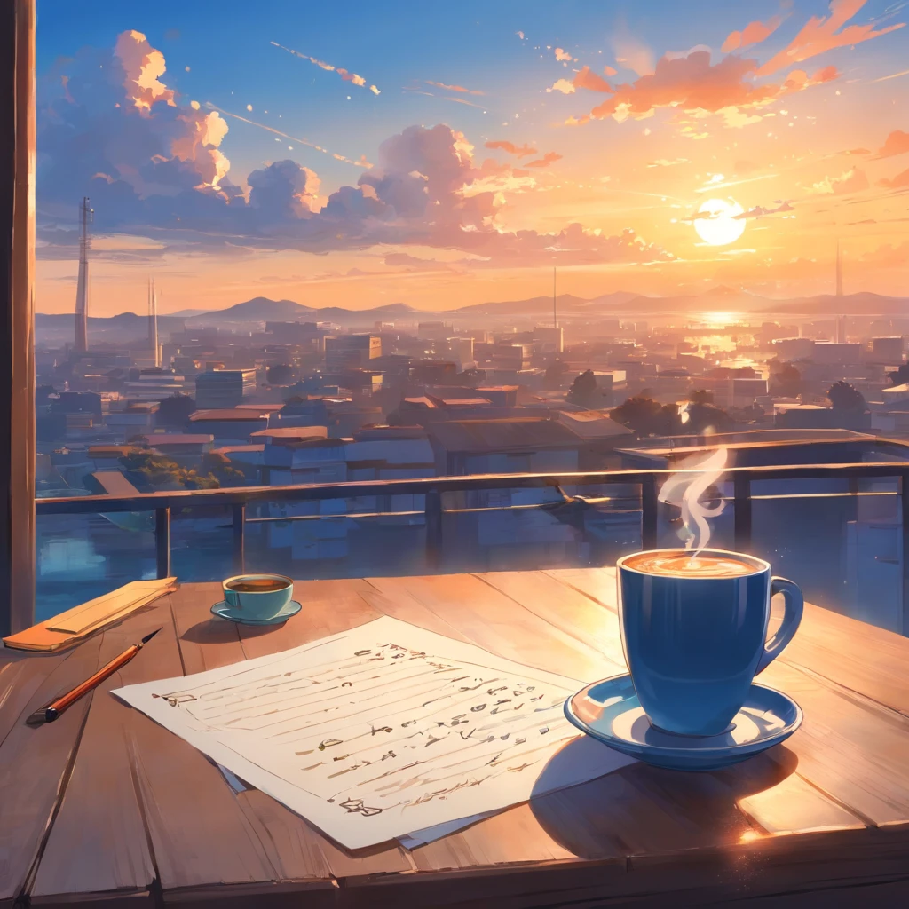obra-prima, melhor qualidade, filme ainda, a curly-haired calligrapher, Brasileira, Morena, at a rustic table, imerso em sua escrita, with a concentrated and inspired expression. Ao redor dele, coloque pilhas de manuscritos, penas e tinteiros, Scribbled papers with notes and a steaming cup of coffee. The sky above is dyed in muted shades of blue and orange, sugerindo o nascer do sol ou entardecer, The clouds scattered across the sky form subtle outlines of letters and words, floating into the sky, Close-up, brilhante, Feliz, Soft lighting and Warm, sun sunset, (Sparks: 0,7) criar outra dormindo sobre a msa