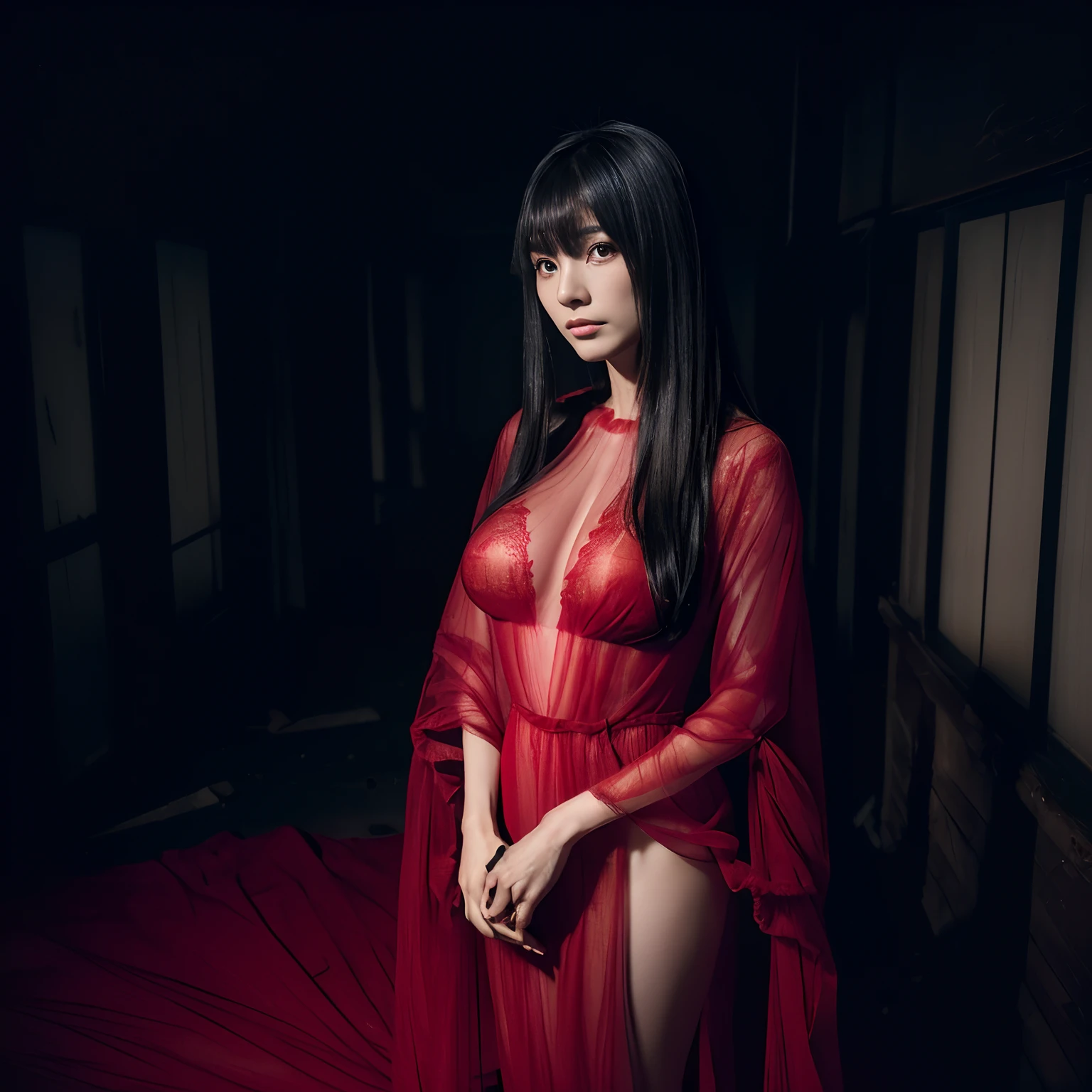 (​masterpiece, Best Quality), (Ultra-realistic portrait of the ghost of Japanese woman:1.25, Black hair, Super long hair, Super long bangs:1.7, The entire front is hidden by long bangs:1.7, look down the ground:1.2), (Japan Ghost Story, Amazing beauty, ultra gigantic breasts:1.3, Excellent slim body style, Mind-boggling images, Full body shot, (sheer red dress:1.5), Standing in an abandoned house in the Japan, (Dark atmosphere:1.5, Darkness of the night:1.5),