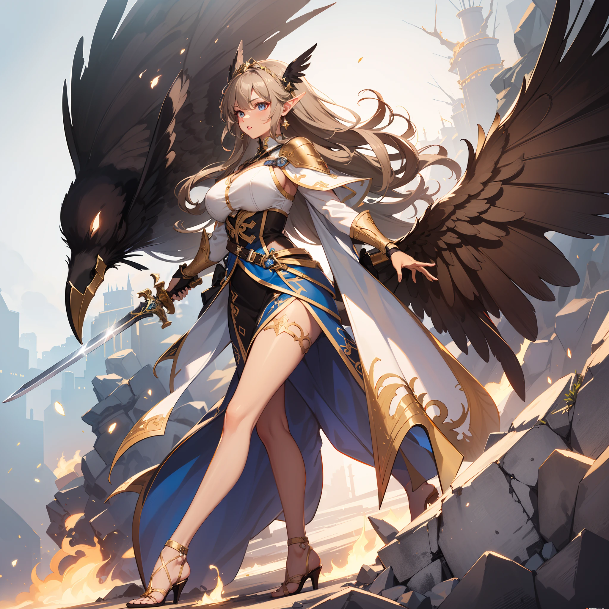 (Darkness:1.4),(fantasy costume:1.5),elf ear:1.3(raven wings:1.6),(dark elf:1.6),blue eyes,milky silver hair:1.6,(ash brown skin woman:1.8),(high-heeled shoes:1.3),BRAKE (Holds the hilt of a gigantic two-handed sword that burns white:1.5),(Holds a huge white-blazing two-handed sword in his hand:1.7),BRAKE dynamic pose,dynamic angle,from side:1.7,full body shot:1.3, medium shot:1.3,BRAKE fantastic castle,BREAK (extremely detailed CG unity 8k portrait:1.3),(highly detailed fingers:1.3),(Masterpiece: 1.3),(ultra detailed face),(Exquisite Detail: 1.2),highly detail Eye,(Highest Quality:1.4), (Super-Resolution: 1.2),(super fine illustration:1.3), Eyelashes, Best Quality,super detailed skin,
