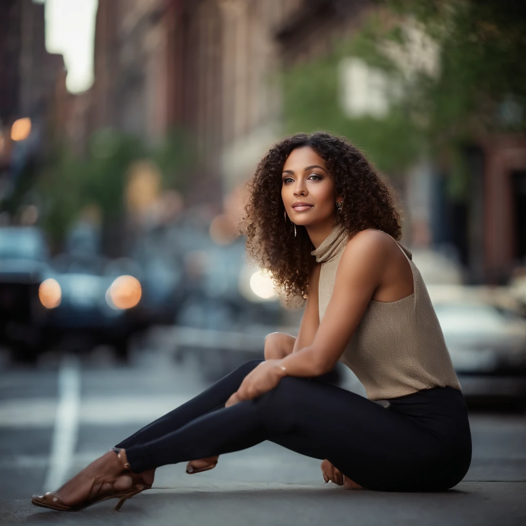 (masutepiece, Best Quality), Beautiful woman, Detailed sleeveless turtleneck top, Pants, Necklace, Wavy Hair, Perfect face, Beautiful face, enticing, big gorgeous eyes, Open mouth, Happy, perfect slim fit body, (plein air), the city street, New York, Bright colors