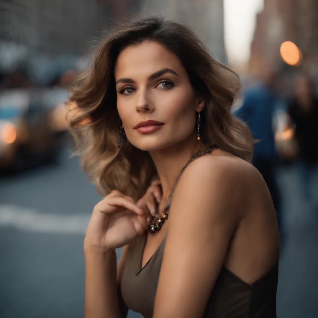 (masutepiece, Best Quality), Beautiful woman, Detailed sleeveless turtleneck top, Pants, Necklace, Wavy Hair, Perfect face, Beautiful face, enticing, big gorgeous eyes, Open mouth, Happy, perfect slim fit body, (plein air), the city street, New York, Bright colors