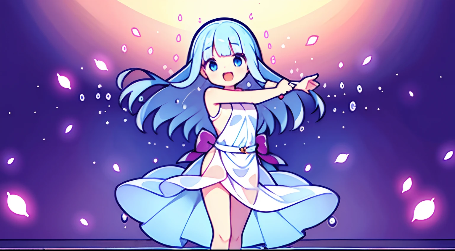 Girl standing in front of the painting、laugh face、Water droplets on the cheeks、Dance Practice、spinning、bustup、Eye Up、Flowing iridescent silk、Morning glory petals