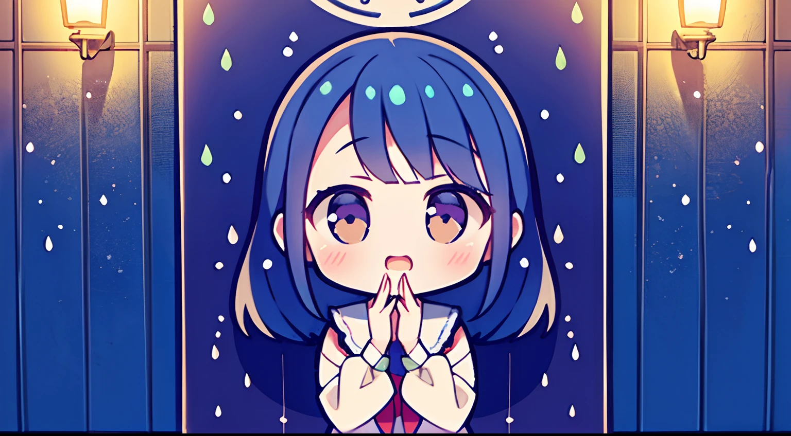 Girl standing in front of the painting、laugh face、Water droplets on the cheeks、Put hand on cheek、bustup、Eye Up、Flowing iridescent silk、Bellflower petals