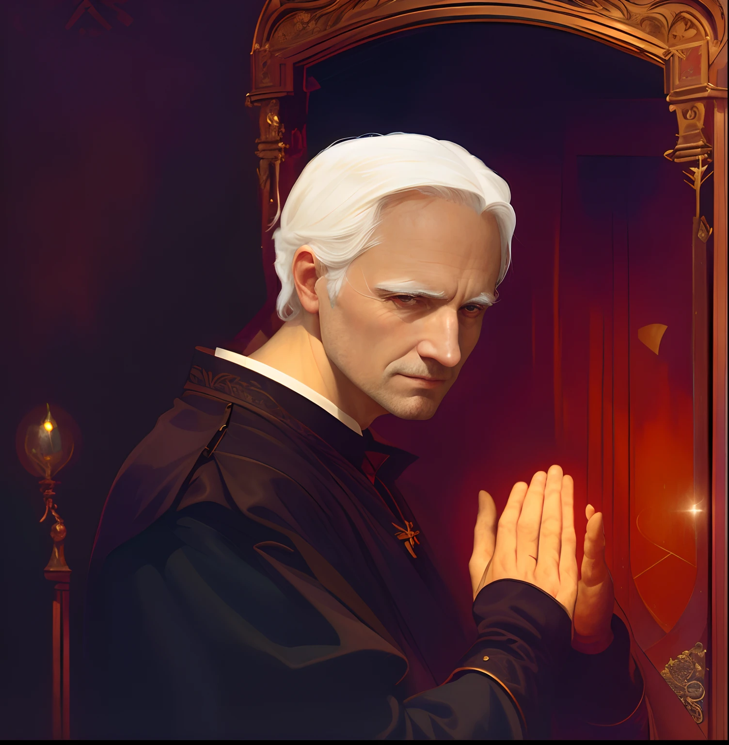 There is a man with white hair and a black robe, inspirado em Ed Benedict, inspirado em Matthias Stom, Retrato do Santo Padre, an evil catholic priest, Tom Bagshaw Donato Giancola, Retrato do personagem Baldur's Gate, Michael Cavalo (Motor irreal, Adolf Wolfli e Donato Giancola, pintura digital barroca, Directed by: Julian Fałat