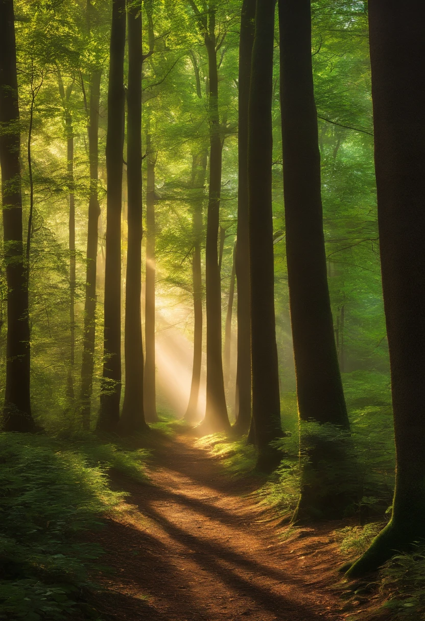 In the deep, magical forest,The dense trees rise like giants,Their trunks are covered with fantastic patterns,It seems to tell an old story。Sunlight casts mottled spots of light through layers of leaves,Shining on the ground forms a brilliant green shadow,Decorate the entire forest like a dream