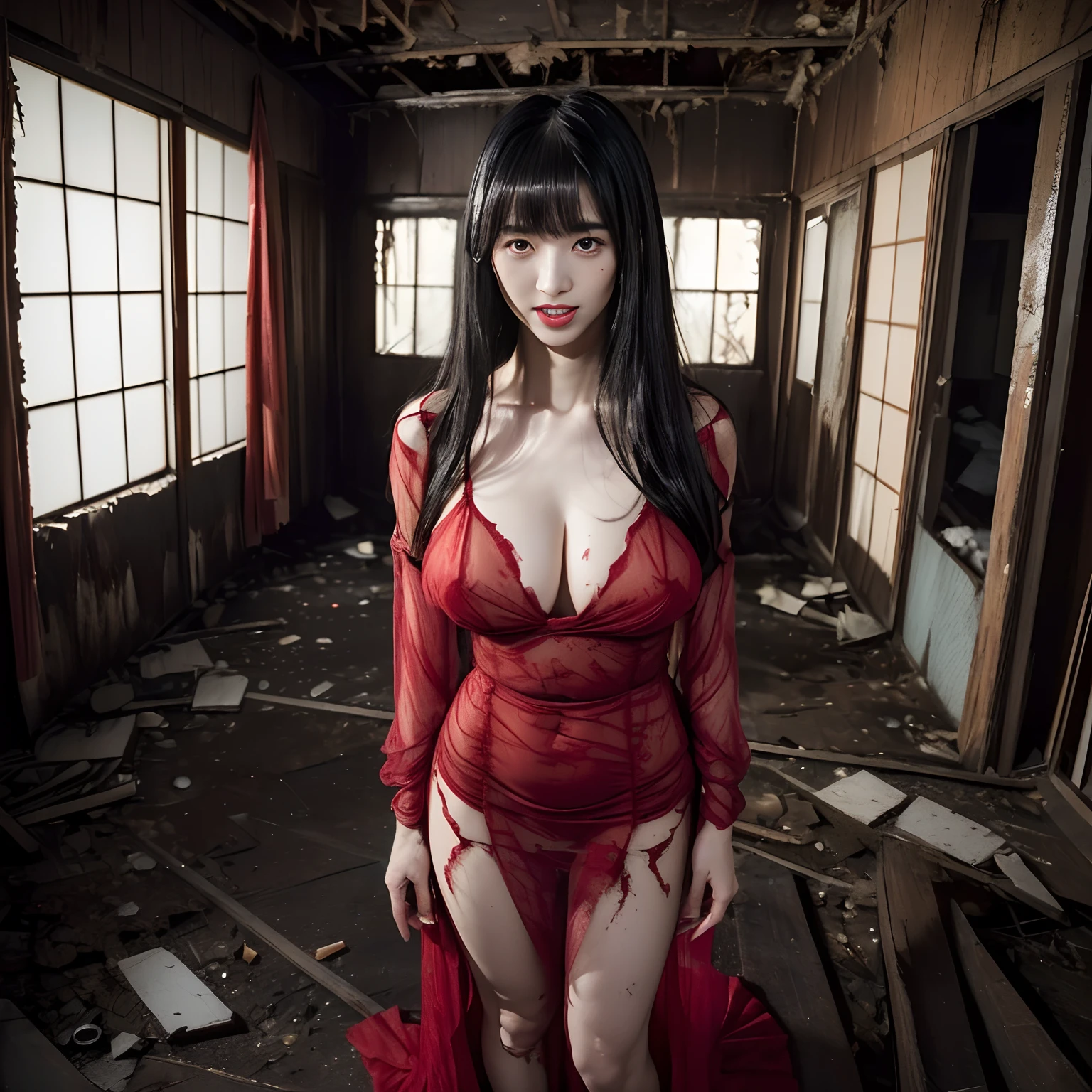 (masterpiece, Best Quality), (Ultra-realistic portrait of the ghost of Japanese woman:1.25, Black hair, Super long hair:1.3, Super long bangs:1.7, The entire front is hidden by long bangs:1.7, look down the ground:1.2), (Japan Ghost Story, Amazing beauty, ultra gigantic tits, Excellent slim body style, Mind-boggling images, Full body shot, (sheer red dress:1.5), (Standing in an abandoned house in the Japan, tongue out:1.3, Dark atmosphere:1.5, Darkness of the night:1.5),