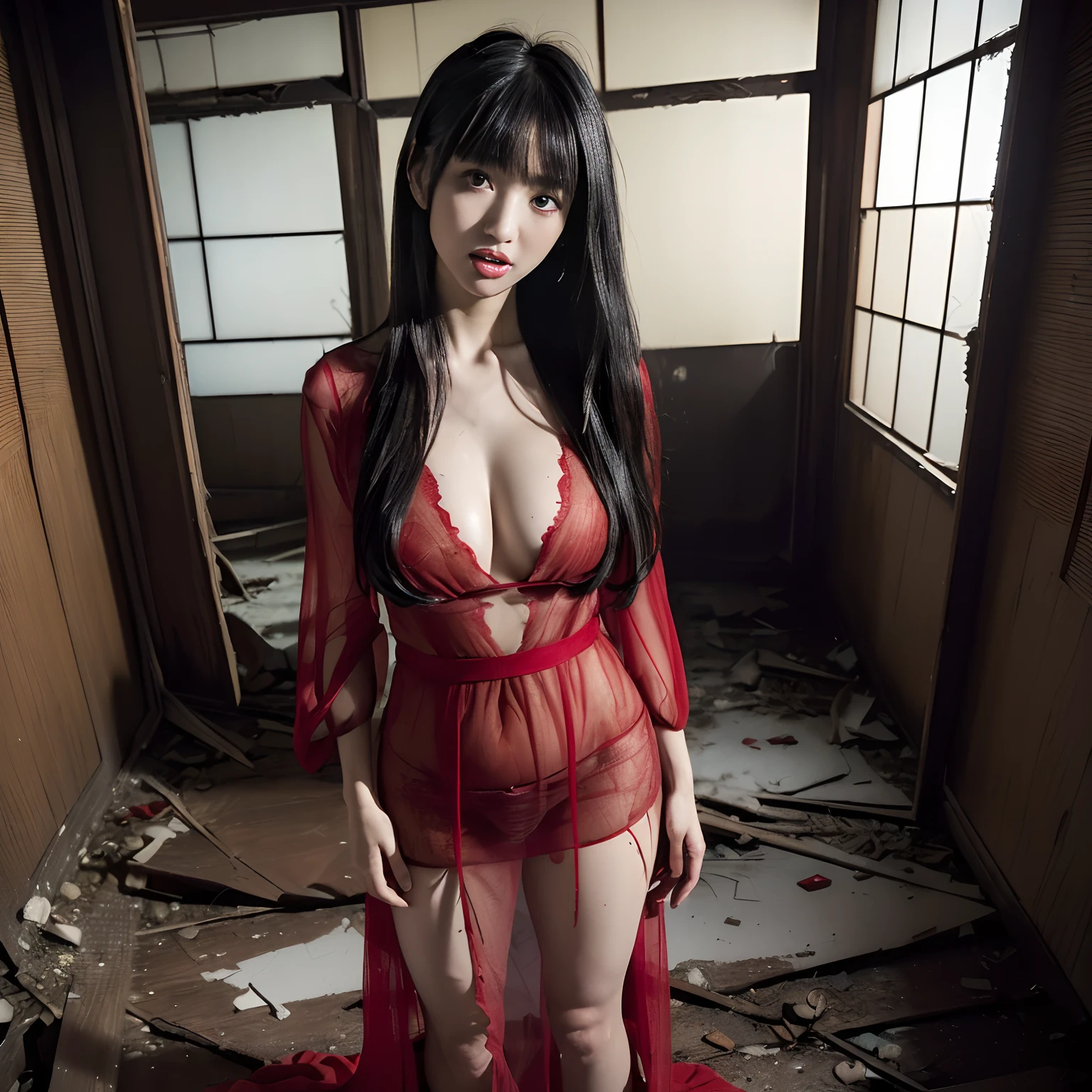 (masterpiece, Best Quality), (Ultra-realistic portrait of the ghost of Japanese woman:1.25, Black hair, Super long hair:1.3, Super long bangs:1.7, The entire front is hidden by long bangs:1.7, look down the ground:1.2), (Japan Ghost Story, Amazing beauty, ultra gigantic tits, Excellent slim body style, Mind-boggling images, Full body shot, (sheer red dress:1.5), (Standing in an abandoned house in the Japan, tongue out:1.3, Dark atmosphere:1.5, Darkness of the night:1.5),