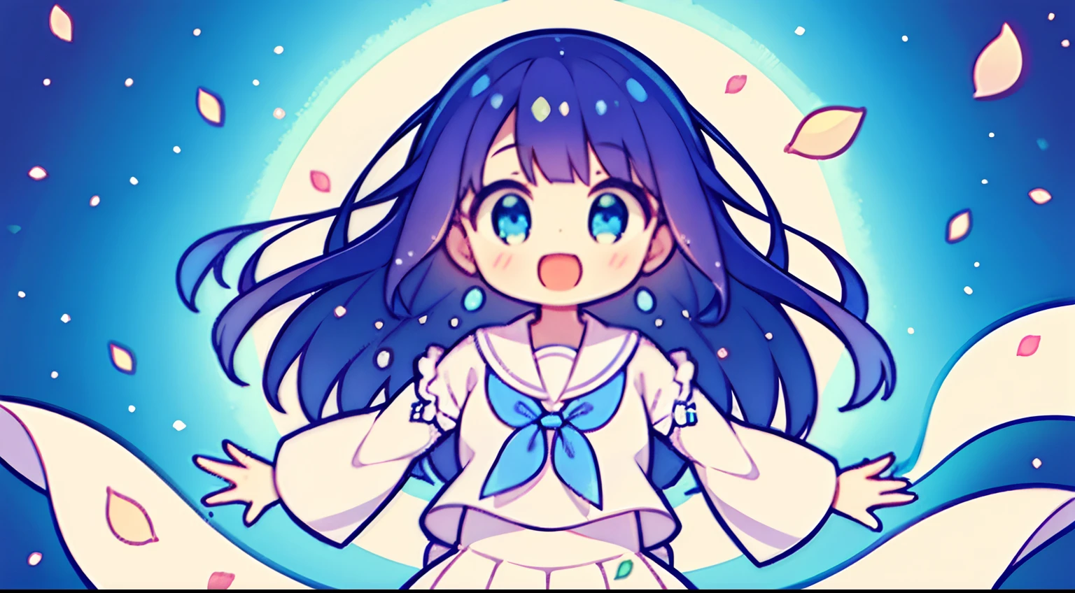 Girl standing in front of the painting、laugh face、Water droplets on the cheeks、Dance Practice、spinning、bustup、Eye Up、Flowing iridescent silk、Morning glory petals