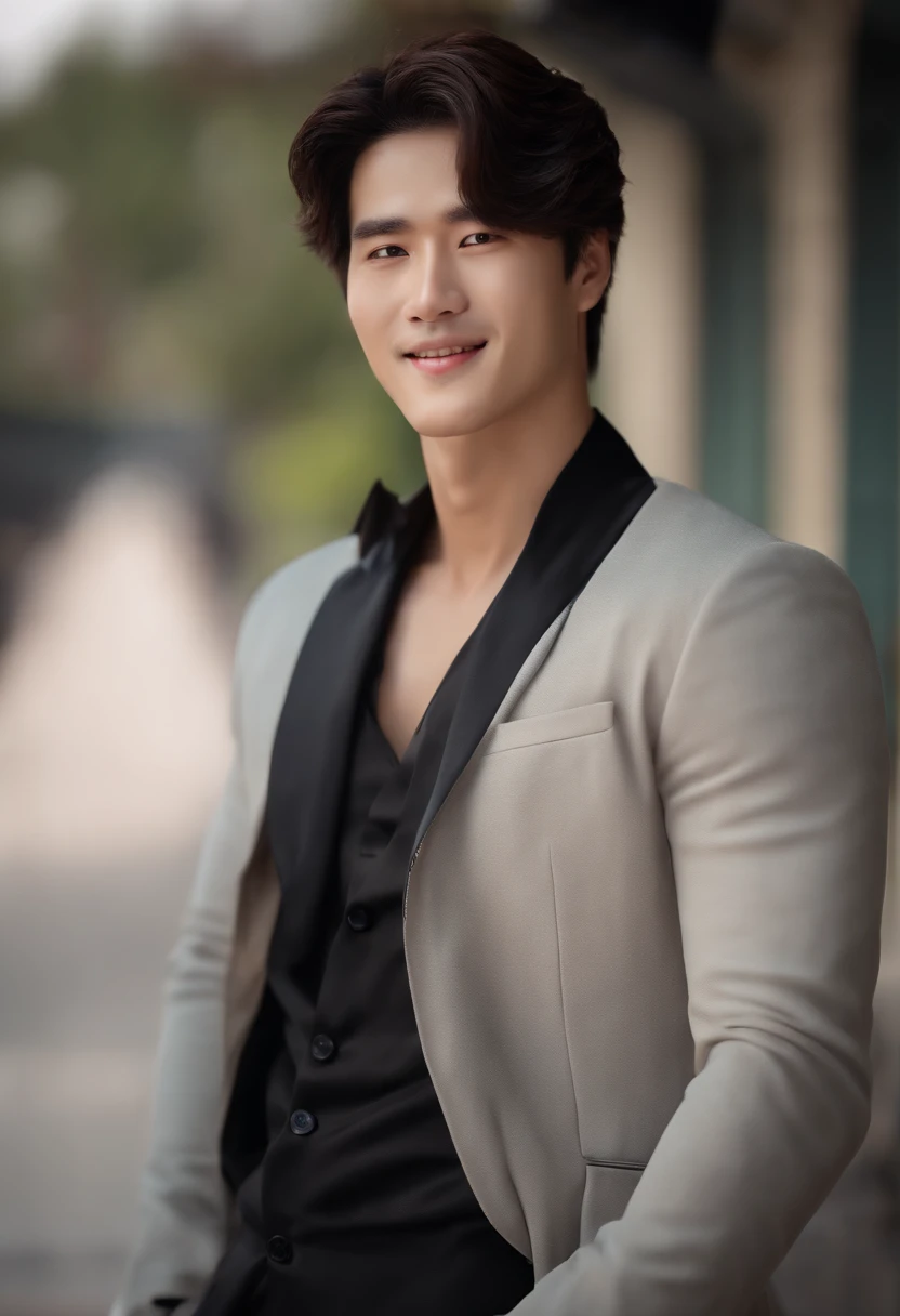 ((Best quality, 8k, Masterpiece :1.3)), 1 korean guy, smiling, full body, slim face, handsome guy, (Dark brown hair),