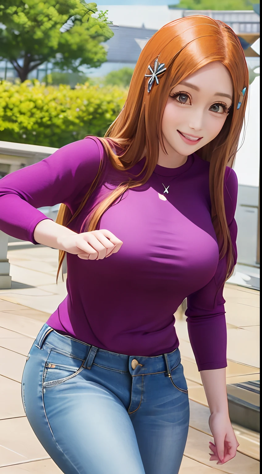 Orihime, solo, pink shirt, jeans, in the park, hair ornaments, smile,