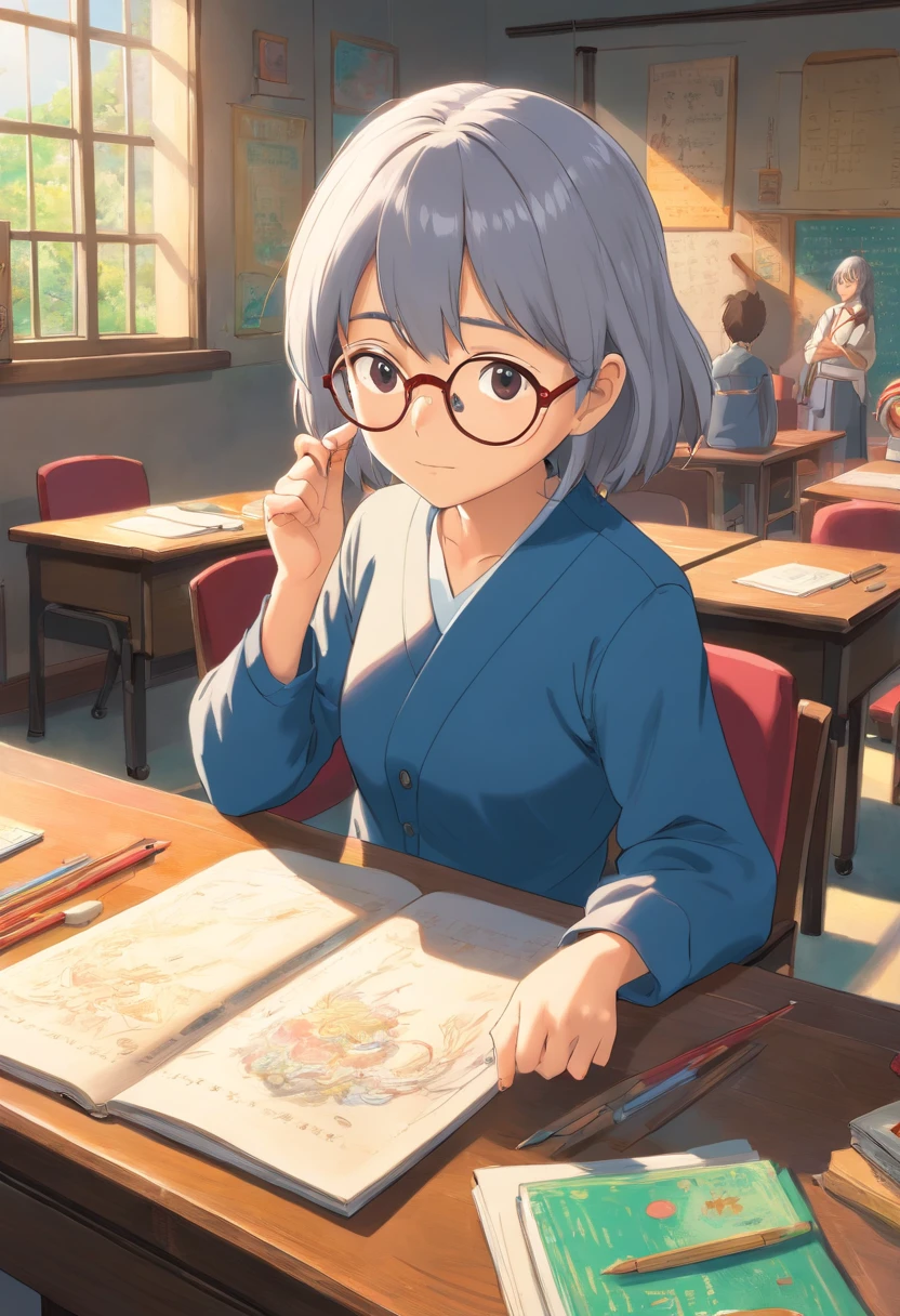 In the classroom,The teacher is lecturing the students,Gray-haired old teacher,Asian people,wears glasses,closeup cleavage,sharp focus on eyes,8K,super-fine,oil painted,Hyper-realistic,best qualtiy