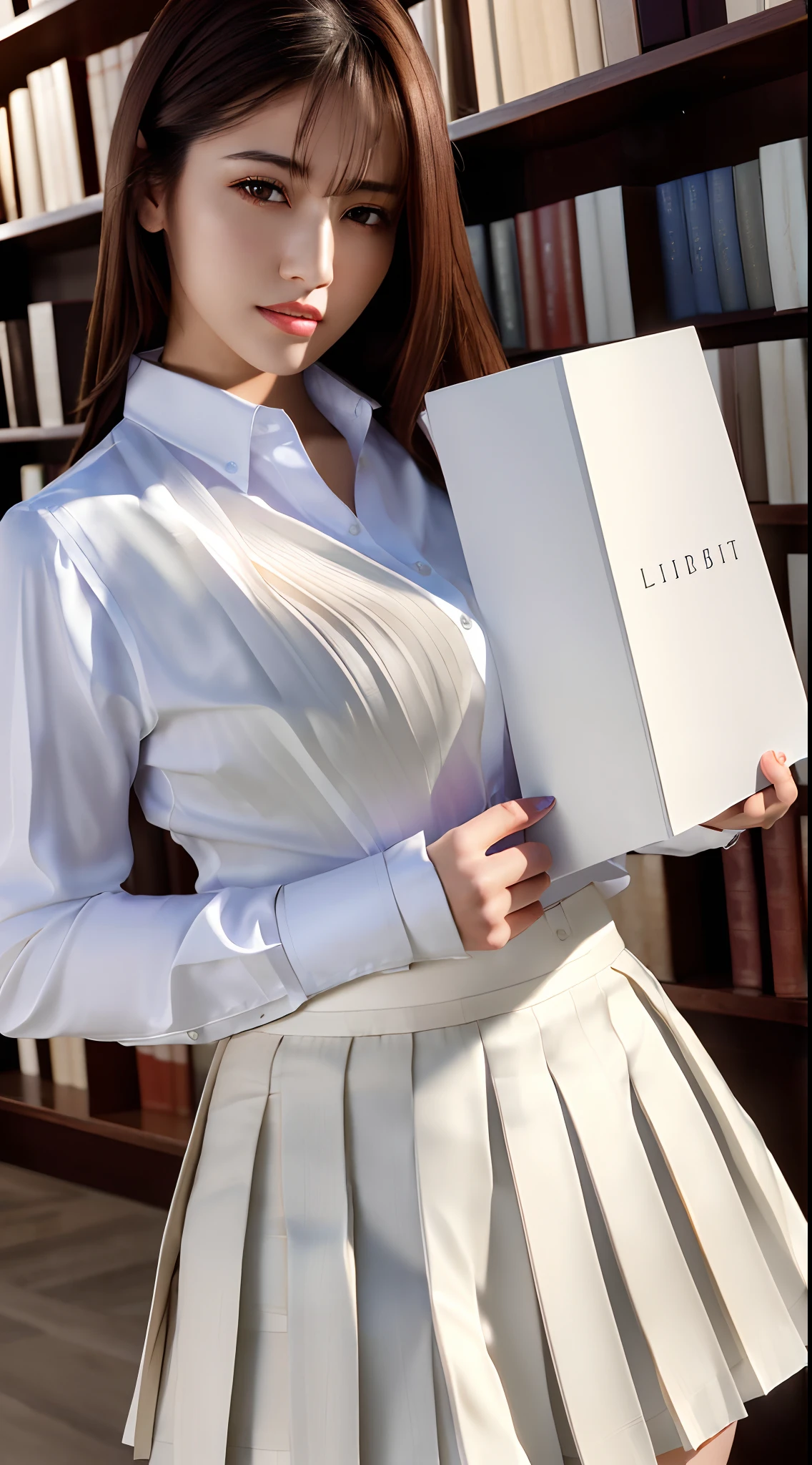 masterpiece, best quality, ultra high res, (photorealistic:1.4), beautiful lighting, RAW photo, 8k uhd, ultra detailed face, realistic lightning, beautiful girl, sweet girl, ((wearing white shirt and long pleated skirt)), library, long shot, shy, hiding face behind book,