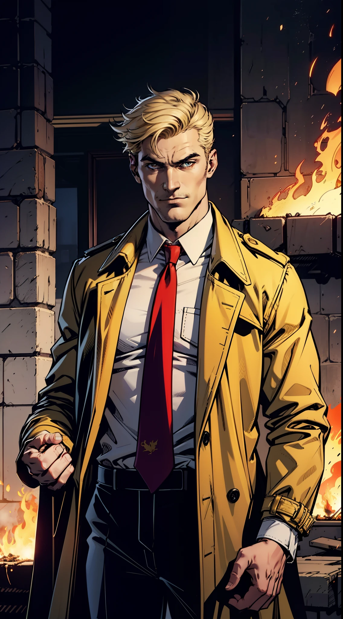 1 man, solo, John Constantine, British man, tall, lean muscle, (big long baggy faded plain yellow trench coat), ((loose long red tie)), ((loose untidy white shirt)), ((black trousers)), making a fireball out of his right hand, smirks, light blond hair, crew cut hair style, hades style fire, dark Liverpool street in the background, nightime, best quality, 4k, upper body shot, wallpaper