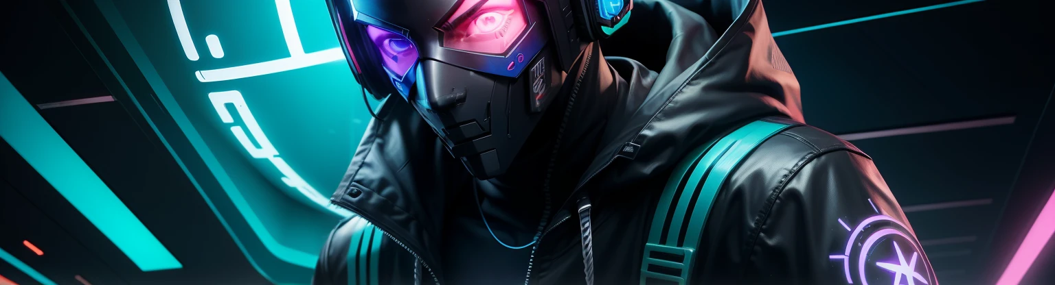 a masked cyberpunk hacker, fundo futurista, cores azul neon e #288786