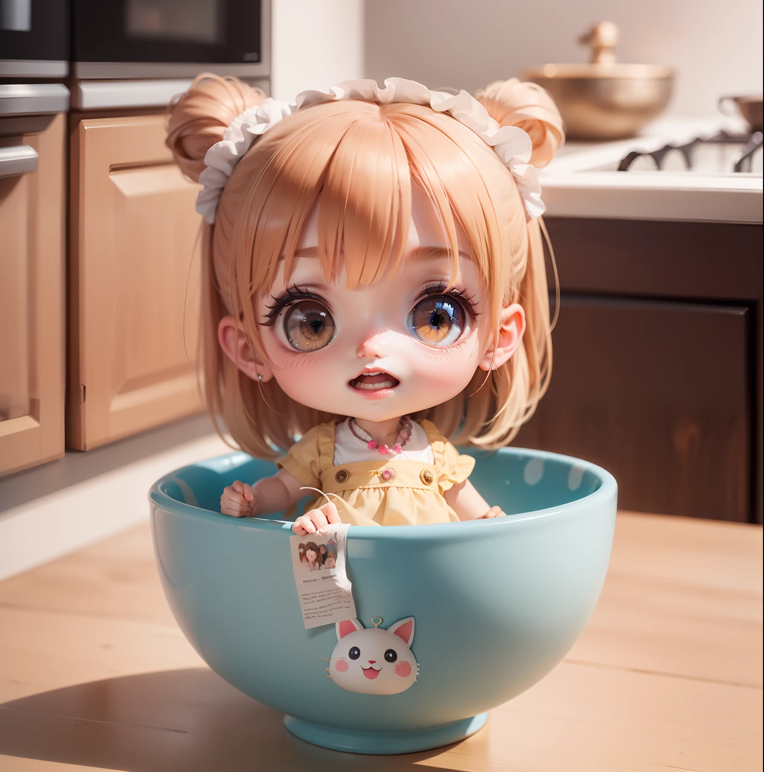 Cute  Chibi Anime、(((Chibi 3D))) (Best Quality), (masutepiece)、Chibi Kitchen、(Sit in a milk bottle:1.3)、Yellow hair、kitchenware、Jewelry Decoration Costumes、Open your mouth and smile、a small face、petibody、A detailed face