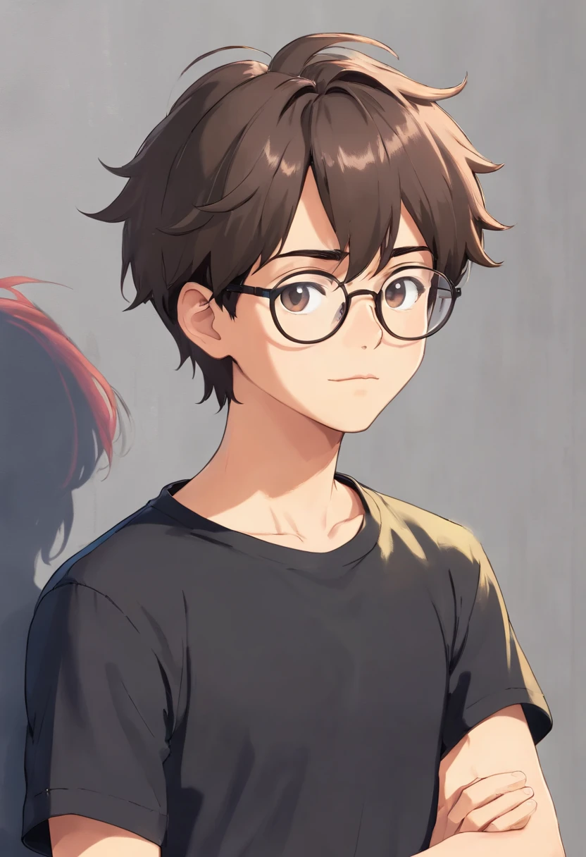 A Brazilian boy wearing rectangular glasses and a black shirt sits in front of a gray wall., About 1 9 years, headshot profile picture, taken in the early 2020s, Young Catholics with glasses, mohamed chahin, professional profile picture, 18 years, profile portrait, Pinch on his head., Professional image