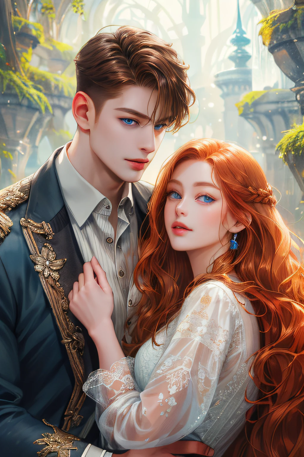 (absurdly , high quality , masterpiece , ultra detailed), ( detailed to hand ) (detailed to eyes) (detailed to face) , couples, 1 man (brown undercut hair) (light brown eyes) and 1 woman (long redhead wavy hair) (blue eyes) love ,pretty eyes , different hair color, fantasy, detailed background, soft light