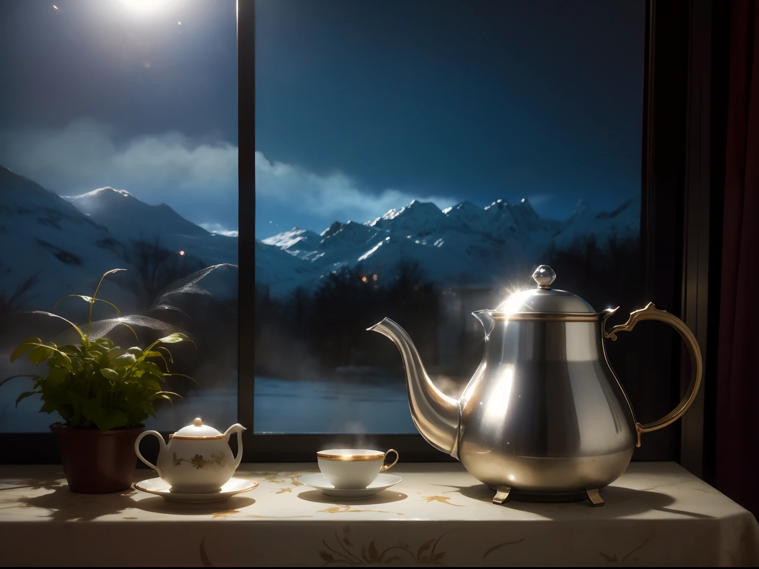 imagine uma natureza-morta que celebra a simplicidade e a serenidade do inverno. Em um fundo de neve pura e intocada, posicione uma chaleira de ferro fundido de estilo vintage, that exudes heat while water boils. Next to the kettle, Put a cup of fine porcelain tea, com vapor subindo lentamente, and an elegant teapot containing high-quality loose tea leaves. A luz suave, filtering through a frosty window, creates a magical aura around the scene. The tranquility and contemplation of winter are present in every detail